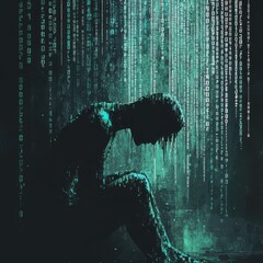 figure slumped under streaming binary code in digital depression