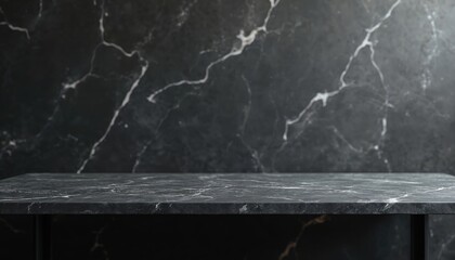 Aufkleber - Black marble table surface. Dark stone countertop, wall with texture pattern. Empty space for product display. Modern interior design, architecture material. Luxury background with grunge. Copy space.