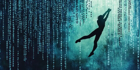 Silhouette of a person falling through streams of binary code