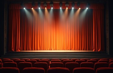 Aufkleber - Theater stage illuminated by spotlights with velvet orange curtain backdrop. Empty scene, auditorium seats rows. Cultural entertainment show, opera, performance event, concert hall with wooden floor.