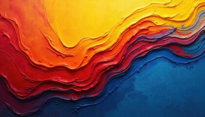 Fototapete - Modern art painting shows texture color abstract. Yellow orange red and blue colors flow. Creative artwork concept. Suitable for background, poster, or banner. Bright artistic expression element.