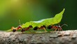 © miss irine - Ants carry a green leaf teamwork concept. Insects transport foliage on a forest floor. Close up showcases nature cooperation group work in a vibrant natural environment. Leafcutter ants working.
