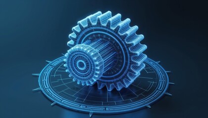 Fototapete - Gear wireframe model shows mechanical blueprint concept on dark blue. Cogwheel design industry tech abstraction. Engineering diagram visualisation renders system innovation. Machine details