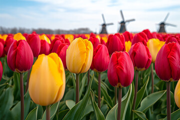 Canvas Print -  vibrant tulip field under windmill sky