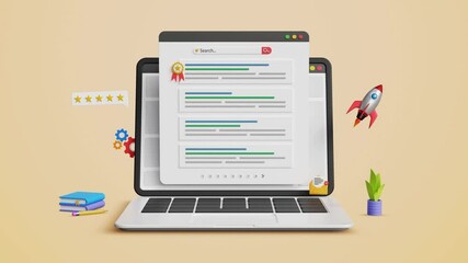 SEO ranking position, top ranking, web search page concept. Search engine optimization, Optimize your website to rank in top position on a laptop. 4K 3D animation