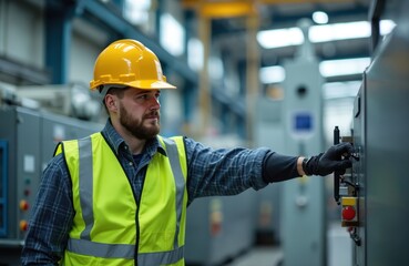 Aufkleber - Man works at factory wearing safety helmet and vest operating machine with control panel. Young technician in gloves turns lever. Industrial worker does maintenance standing at equipment.