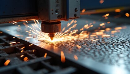 Leinwandbilder - Laser cuts metal with sparks. Fiber laser tech enables precise processing in factory. Steel gets shaped with machine tool. Sparks fly in workshop. Industrial metalwork is precise.