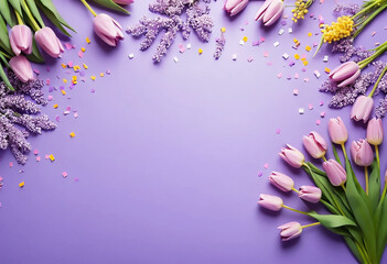 Sticker - Lilac ribbon, fresh purple tulips and mimosa branches. Happy International Women's Day