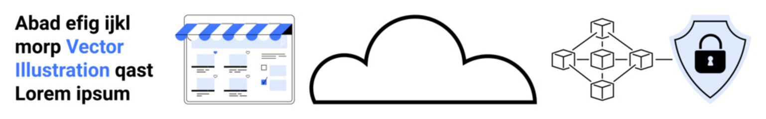 Browser window interface next to a cloud icon, interconnected nodes, and a shield with a lock. Ideal for technology, internet security, data management, cloud computing, blockchain, cybersecurity