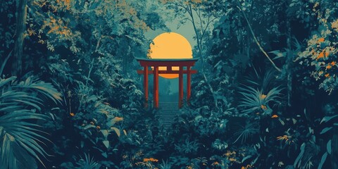 Wall Mural - Torii gate stands amidst a lush tropical forest scenery