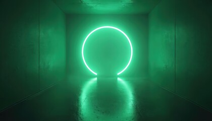 Aufkleber - Abstract composition features glowing green ring in dark corridor. Neon light reflects on floor creating surreal atmosphere. Minimal design tech wallpaper space sci-fi background modern art concept.