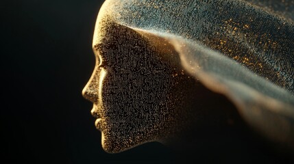 Digital Human Head with Binary Code and Glowing Lights
