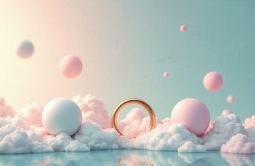 Poster - Dreamy landscape view shows pastel color balls floating above fluffy clouds with reflections on calm water surface. Golden ring shape adds luxury abstract vibe to artwork.