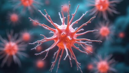 Poster - Illustration of interconnected neuron cells with electrical pulses. Neurons activity. Red nerve cells transmit information in brain, spinal cord. Microscopic biology science background for medical,