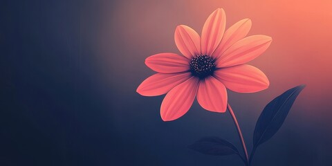 Wall Mural - Stylized coral colored flower with leaves against gradient background