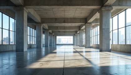 Poster - Wide shot shows spacious empty hall. Concrete floor reflects bright sunlight. Modern building background. Architecture includes pillars, tall windows offering city views. Large space industrial
