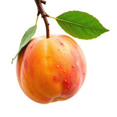 Wall Mural - Close-up image of a single, juicy peach with water droplets on its skin, attached to a branch with green leaves. Cut out on black background.