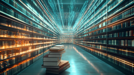 Wall Mural - a visually stunning stock photo of a floating virtual library with infinite rows of books and glowin