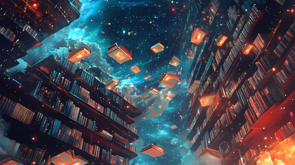 Wall Mural - beyond imagination concept. a library suspended in space with books glowing like constellations, the