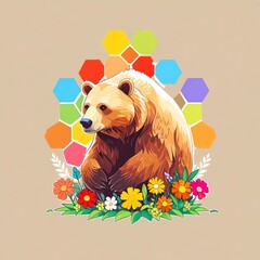 Wall Mural - Vibrant Grizzly Bear in a Honeycomb Floral Paradise