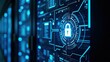 © Leopard - Cybersecurity technology visualized with digital lock symbol against a backdrop of data connections and networks in a modern setting