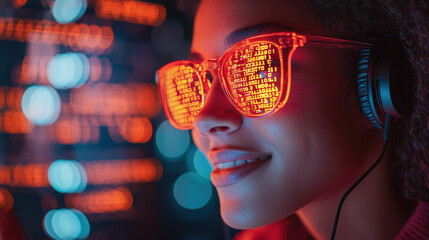 Confident female coder immersed in a hackathon environment with glowing code reflecting in her glasses and a tech backdrop