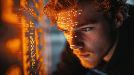 Programmer immersed in solving an error message at a high-pressure hackathon in a tech startup setting with neon reflections lighting the scene