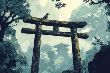 Wall Mural - Illustration shows a torii gate in a misty forest