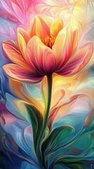 Wall Mural - Digital painting features a vibrant abstract flower in full bloom