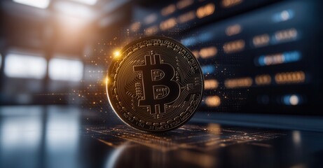 Digital Coin Shimmers in Tech Space. Golden glow reflects the modern digital finance future, set against a backdrop of binary data.