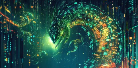 Poster - Digital dragon coiled amidst glowing data streams and digital matrix