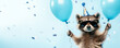 © Denis - Funny cute raccoon wearing sunglasses holding happy birthday balloons and confetti explosion flying around greeting card on blue background with copy space.