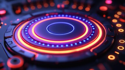 Futuristic control panel glows, vibrant lights, tech background, interface design