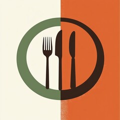 Wall Mural - Cutlery on Divided Plate; Simple Food Icon; Interior Background; Design Element