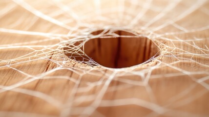 Close-up of spider web on wooden surface, intricate and delicate