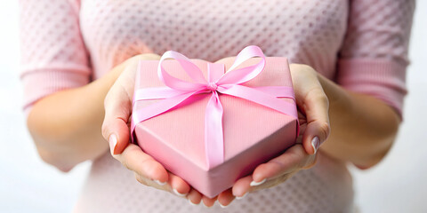 Wall Mural - Close up on female hands holding a gift in a pink heart presents for valentine day, birthday, mother's day on isolated white background 