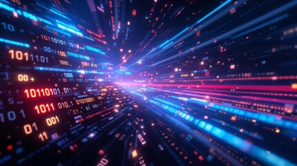 Abstract digital space where data streams are represented by glowing binary codes—alternating 0s and 1s. Some digits shine brighter, emphasizing key data points as if processed by an AI neural network