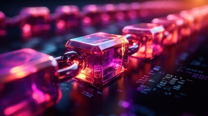 Glowing pink blockchain on dark tech background