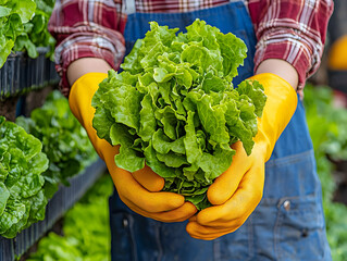 Wall Mural - Farmer harvesting fresh lettuce in vertical farm