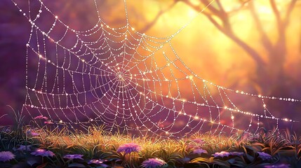 the soft light dawn highlighting the intricate details a spidera??s web covered in dew