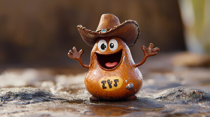 A cheerful cartoon poop dressed in a cowboy hat is seated, adorned with a toy costume hat and making a happy gesture, with the headgear crafted from wood. Lava-Sea Creatures. Illustration