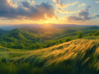 Poster - Sunset over rolling green hills and valleys