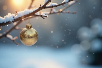 Wall Mural - Delicate gold ornament hangs from bare winter branch, soft background , joyful, christmas, close-up