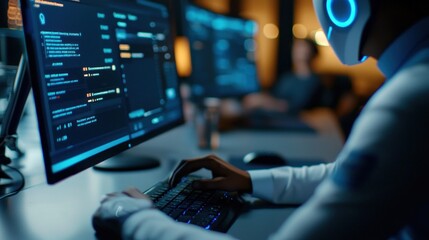 Coder working late, digital code on screen, office background, tech project