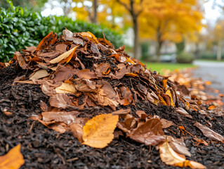 Sticker - Autumn leaves piled on curb, street background