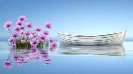 Poster - Serene boat, pink flowers, calm water, peaceful scene, summer postcard