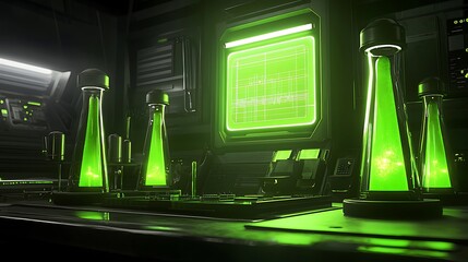 futuristic lab glowing green liquids, computer screen, dark interior. possible use science fiction p