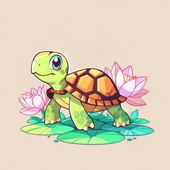 Wall Mural - Adorable Baby Turtle Amidst Lotus Blossoms