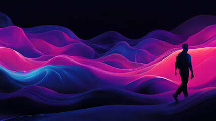 a silhouette of a person walking in an abstract, dark landscape with a glowing phone screen lighting