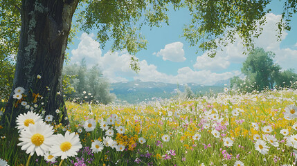 Poster - Sunny meadow, wildflowers, mountains, tree